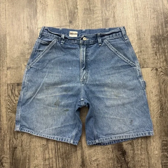 Vintage 2000's Carhartt Denim Carpenter Distressed Grunge Workwear Shorts Sz 32 - Picture 2 of 10